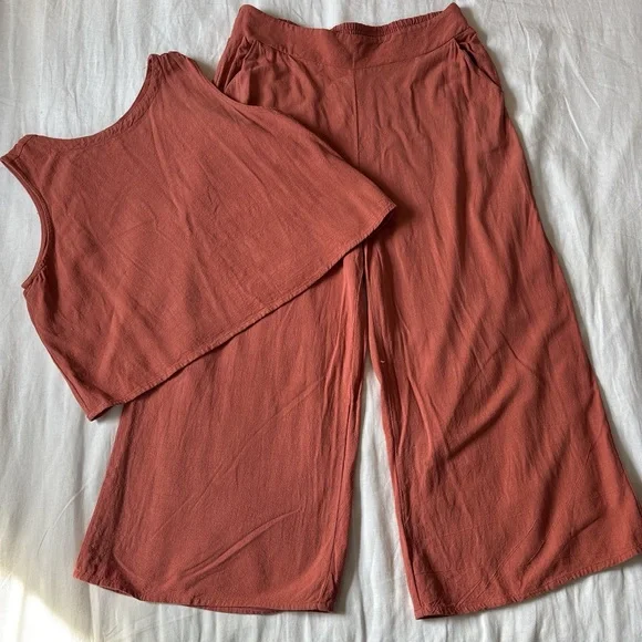 Amazon Anrabess 2 Piece Linen Set Crop Top and Wide Leg Pants Rust Size L - Picture 3 of 8